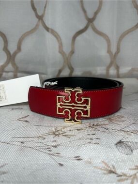 Tory Burch Britten smooth reversible Red Leather Belt with Gold Logo Buckle SzXS